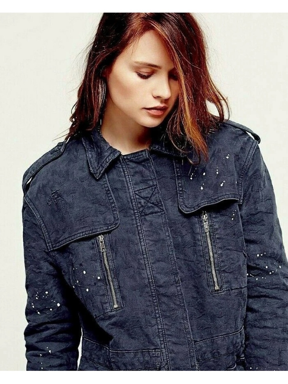 Free People Navy Blue Utility Military Jacket with Cargo Drawstring Small - Picture 5 of 15
